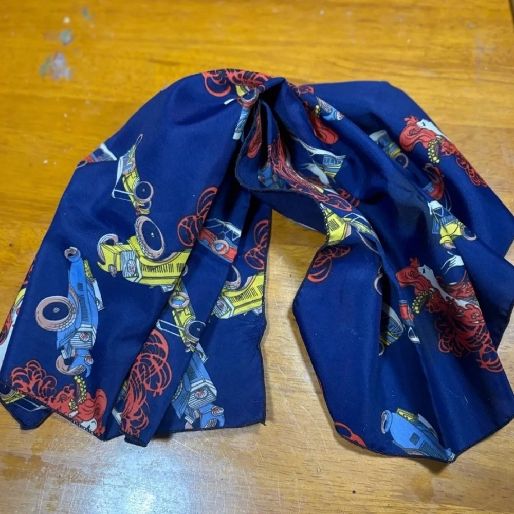blue silk head scarf antique red and yellow cars and red-haired women